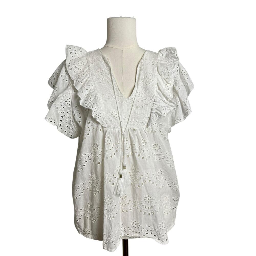 Nicole Miller Atelier Blouse Large White Eyelet Ruffle Flutter Sleeve Tunic Top